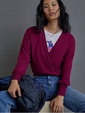 Anthropologie Heathered Plum Deep V Rocio Faux Wrap Sweater Size Medium